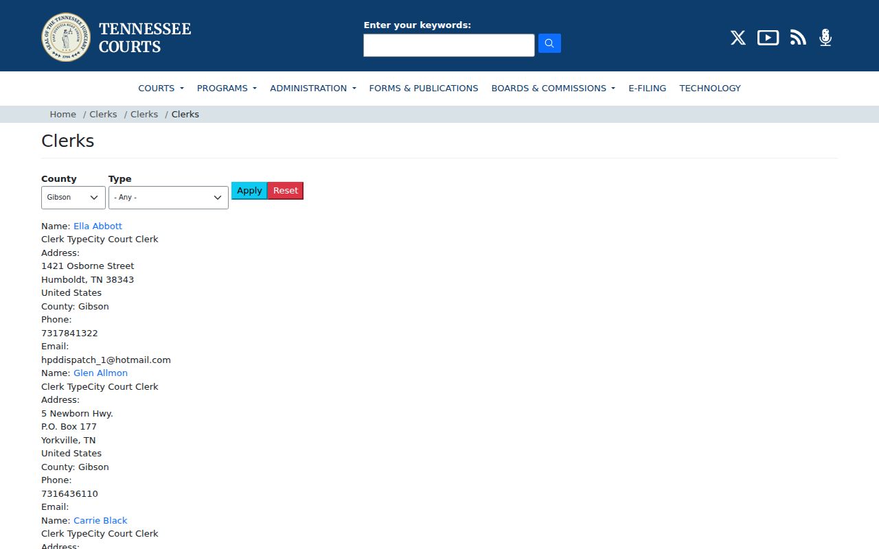 Gibson County court clerk directory for arrest report disposition checks