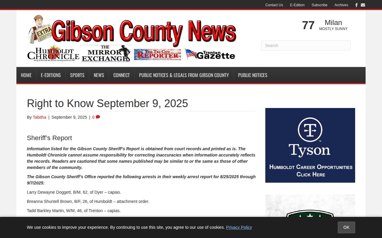 Gibson County weekly recent arrest report source